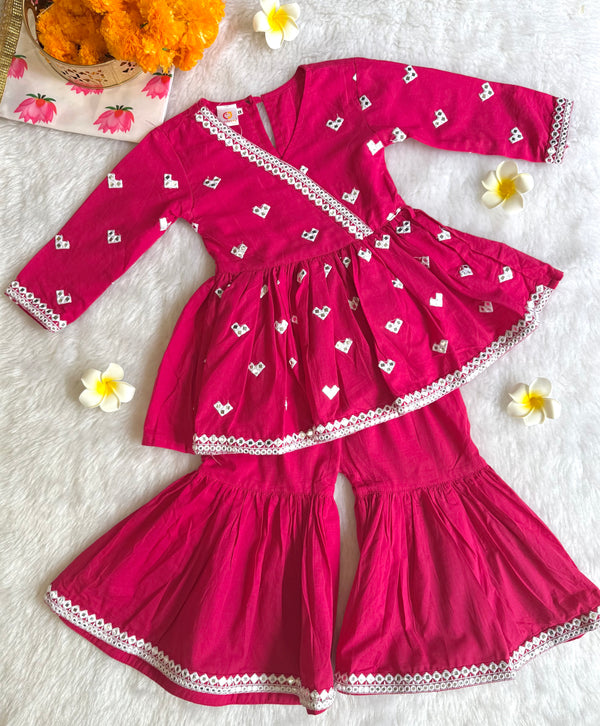 Phool Mirror Work Kurti Sharara Set