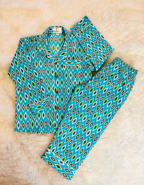 Blue print collared Nightwear